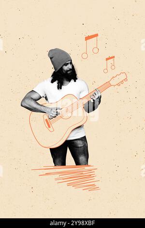 Vertical composite artwork collage image picture of guy play painted guitar isolated on creative background Stock Photo