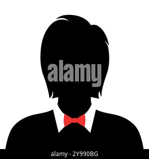 Abstract man with long hair silhouette in red bow tie. Dark male silhouette avatar emblem. Vector illustration Stock Vector