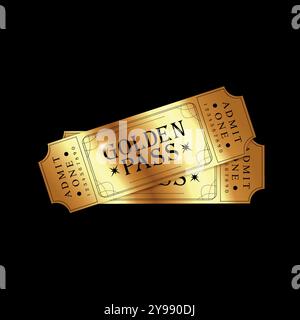 Two shiny golden pass tickets on black background. Vector illustration Stock Vector