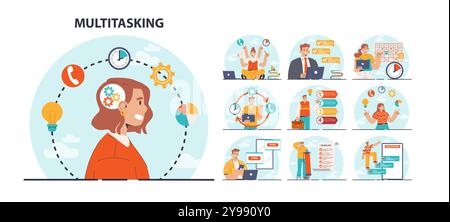 Multitasking concept set. Effective and competent office worker managing several tasks at once. Business productivity, scheduling and progress tracking. Flat vector illustration Stock Vector