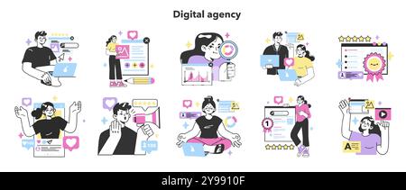 Digital promotion set. Social media blog, website or brand advertisement campaign development. SEO optimization. Business and market analysis for content strategy. Flat vector illustration Stock Vector