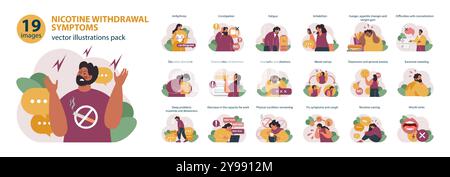 Nicotine withdrawal symptoms set. Common effects on character that quit smoking. People craving a cigarette. Bad habit' physical, mental and emotional rehab. Flat vector illustration Stock Vector