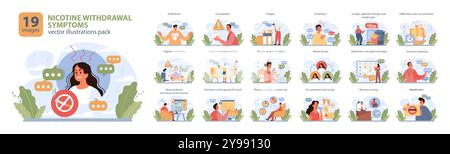 Nicotine withdrawal symptoms set. Common effects on character that quit smoking. People craving a cigarette. Bad habit' physical, mental and emotional rehab. Flat vector illustration Stock Vector