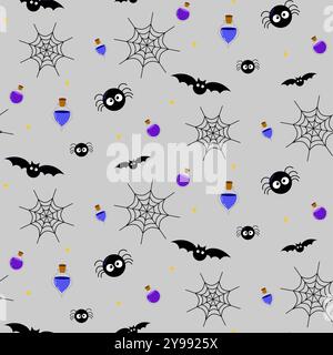 halloween seamless pattern trick or treat, halloween colors background with bats, spiders, potions, web vector Stock Vector