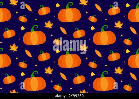 Seamless autumn pattern with pumpkins, fall leaves. Thanksgiving background. It can be used for wallpapers, wrapping, cards, patterns for clothes and Stock Vector