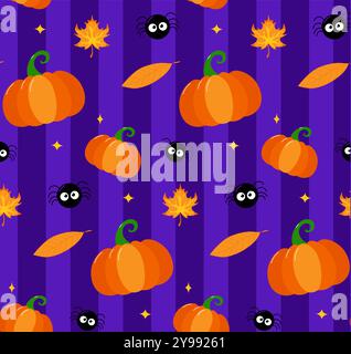 Vector Halloween seamless pattern with pumpkin, leaves, spider on colored background. Cute holiday repeated texture. Childish hand drawn background wi Stock Vector