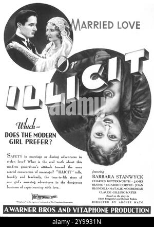 1931 Illicit film poster -  pre-Code drama film directed by Archie Mayo; starring Barbara Stanwyck, James Rennie. Warner Bros Stock Photo