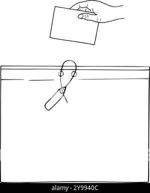 Human hand inserting voting paper into sealed ballot box vector illustration painted by black inks. Empty space for text. Election day concept for bro Stock Vector