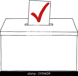 Voting paper with red checkmark inserting into ballot box vector isolated illustration painted by black inks. Putting the choice sketch. Election day Stock Vector