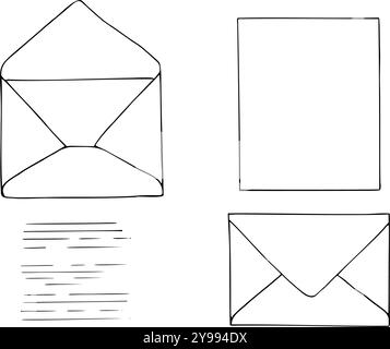 Open, close envelopes, blank paper, abstract text flat line vector isolated icons painted by black inks. Black and white drawing of monochrome message Stock Vector
