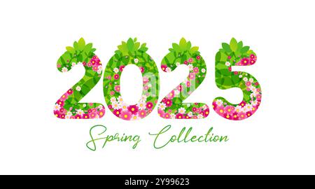 2025 Spring Collection special offer with floral elements. Lettering spring season concept for fashion company with green leaves and flowers. Sale Stock Vector