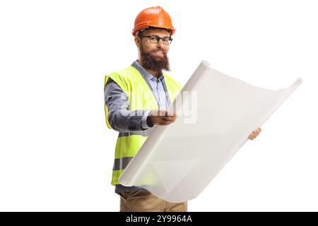 Construction site engineer holding a blueprint and wearing a helmet isolated on white background Stock Photo