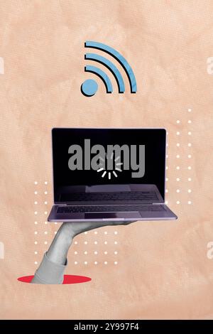 Contemporary art collage image of wifi signal connection symbol loading process laptop display isolated on beige color background Stock Photo