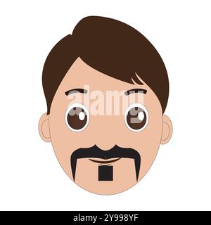 Illustration of a cartoon man is face with mustache and big eyes, brown hair and a thick black mustache. Minimalist design for avatars, stickers Stock Vector