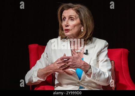 Austin, Texas, USA. 8th Oct, 2024. Former Speaker of the House NANCY PELOSI speaks about her experiences in Congress under several U.S. presidents during a talk October 8, 2024 at the LBJ Library in Austin. Speaker Emerita Pelosi, still a member of Congress running again to represent her San Francisco district in 2024, had harsh words about Republican attempts to retake the White House in November. (Credit Image: © Bob Daemmrich/ZUMA Press Wire) EDITORIAL USAGE ONLY! Not for Commercial USAGE! Stock Photo