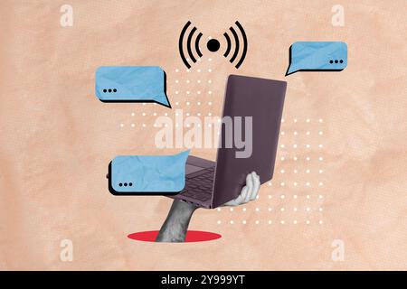 Contemporary art collage of hand holding laptop computer with wifi signal connection remote texting isolated on beige color background Stock Photo