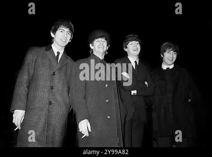 The Beatles. Portrait of the British rock group in 1964 by Marion S Trikosko. From left to right, George Harrison, Ringo Starr, Paul McCartney, John Lennon. Stock Photo