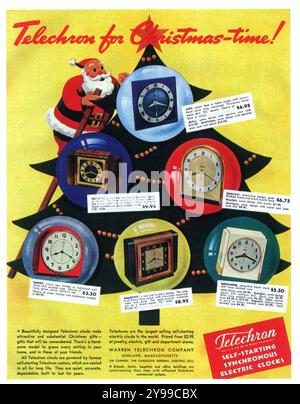 1937 Telechron Desk Alarm Clock Christmas Ad - Self-starting synchronous electric clocks Stock Photo