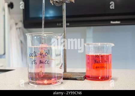 Setup during biology class demonstrating the action of osmosis using red colored water in a small plastic bag in plain water in a beaker glass. Stock Photo