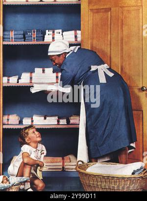 1930s Black housemaid sorting out clothing on shelf, white girl illustration Stock Photo
