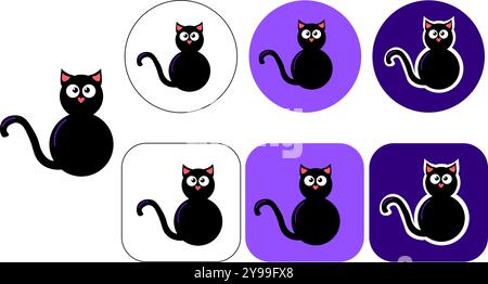Mystical cat in black cartoon logo. vector illustration For tarot reader, spiritual guidance, witchcraft, tatoo, t shirt, sticker .eps10 Stock Vector