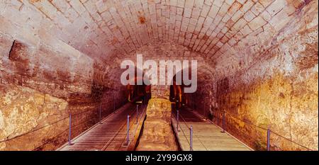 The 350m long Templars tunnel leads from the Templars Palace which was destroyed in 1921 up to Acre‘s port in the east, Akko, Israel, Middle East Stock Photo