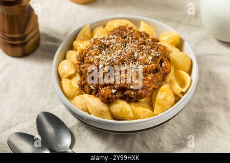 Homemade BBQ Pulled Pork Macaroni and Cheese Ready to Eat Stock Photo