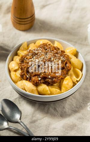 Homemade BBQ Pulled Pork Macaroni and Cheese Ready to Eat Stock Photo