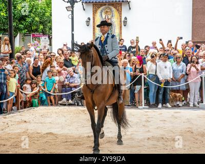 Rider riding a purebred Spanish horse in Andalusian attire, doing a demonstration of dressage a la vaquera on the day of the horse at the fair i Stock Photo