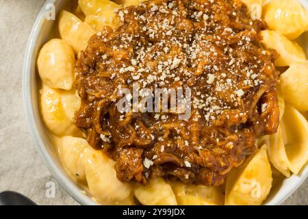 Homemade BBQ Pulled Pork Macaroni and Cheese Ready to Eat Stock Photo