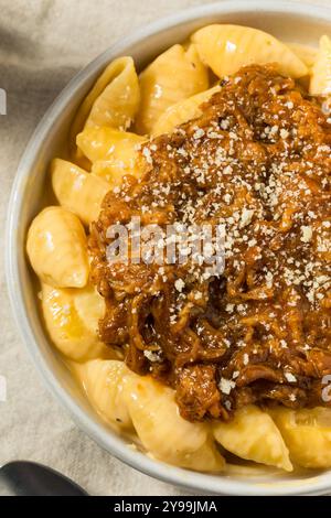 Homemade BBQ Pulled Pork Macaroni and Cheese Ready to Eat Stock Photo