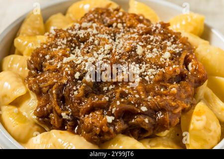 Homemade BBQ Pulled Pork Macaroni and Cheese Ready to Eat Stock Photo