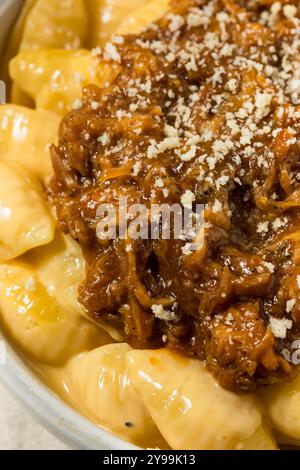 Homemade BBQ Pulled Pork Macaroni and Cheese Ready to Eat Stock Photo