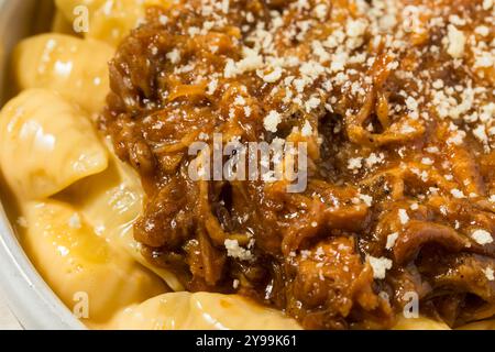 Homemade BBQ Pulled Pork Macaroni and Cheese Ready to Eat Stock Photo