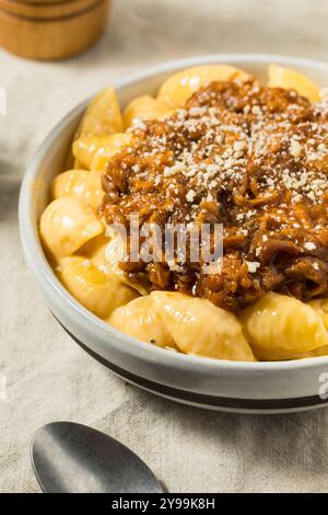 Homemade BBQ Pulled Pork Macaroni and Cheese Ready to Eat Stock Photo