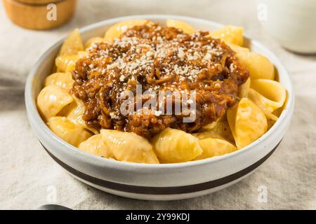 Homemade BBQ Pulled Pork Macaroni and Cheese Ready to Eat Stock Photo