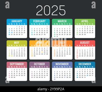 Colorful USA calendar set, year 2025 planner, dark background english language Stock Vector