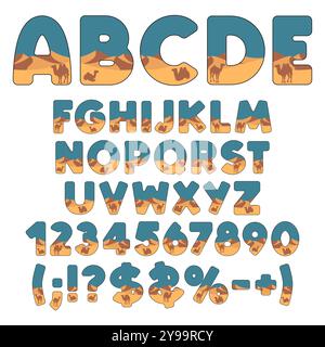 Alphabet, font with desert, dunes and camel. Isolated vector object on white background. Stock Vector