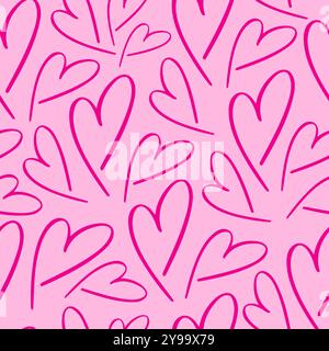 Seamless Romantic Pattern with Red Hand drawn Hearts on pink background. Colorful doodle hearts on pink background. Template for design, postcards, pr Stock Vector