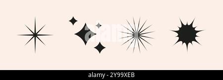 Set of shiny sun, star, sparkle shapes. Abstract vector glow, explosion and blink effects for celebrate party design. Twinkle glitter and flash graphi Stock Vector