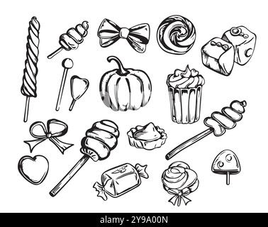 Hand drawn candy collection. Doodle sketch style. Set of various elements doodles. Vector illustration isolated on white background. Stock Vector