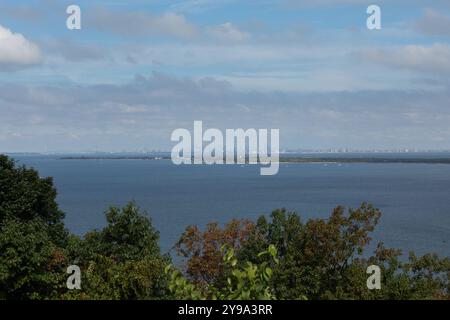 A view across the bay toward Sandy Hook and the New York City skyline. Photos taken from the Mt. Mitchell Scenic Overlook. Stock Photo