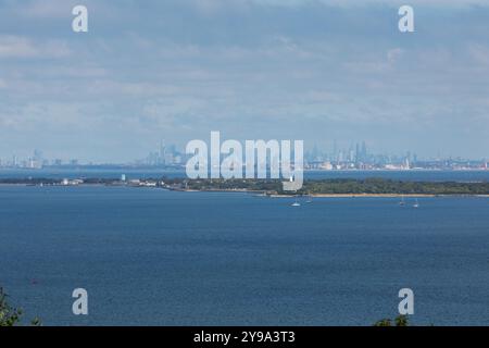 A view across the bay toward Sandy Hook and the New York City skyline. Photos taken from the Mt. Mitchell Scenic Overlook. Stock Photo