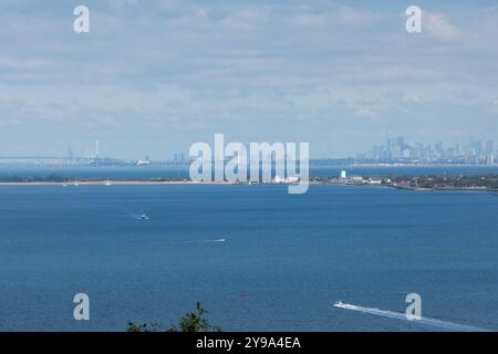 A view across the bay toward Sandy Hook and the New York City skyline. Photos taken from the Mt. Mitchell Scenic Overlook. Stock Photo