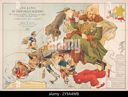 Vintage Historical Satirical Map of Europe in 1899: An elaborate satirical map reflecting the European situation following the Franco-Prussian war. France had suffered a crushing defeat: the loss of Alsace and much of Lorraine.  by Fred W. Rose Stock Photo