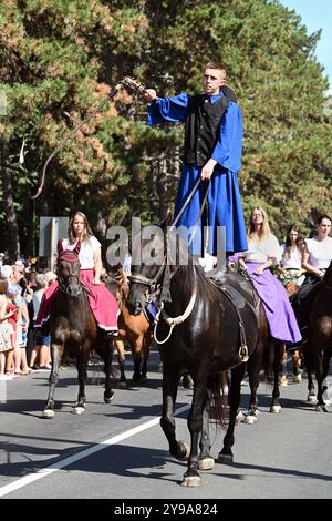 Badacsony, Lake Balaton, Hungary - September 8 2024: Wine harvest festival street parade, young man in blue Hortobagy costume standing on a horse Stock Photo