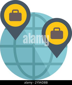 This vector illustration showcases the concept of global business opportunities with two briefcases on world map pins Stock Vector