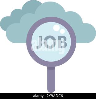 Magnifying glass is focusing on the word job inside a cloud, representing job searching in the digital age Stock Vector