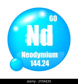 Neodymium icon. Nd chemical element. Atomic number 60. Mass 144.24. Blue sphere vector. Stock Vector