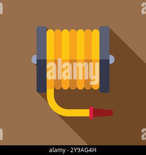 Yellow garden hose lying on brown background casting a long shadow, in a flat design style Stock Vector